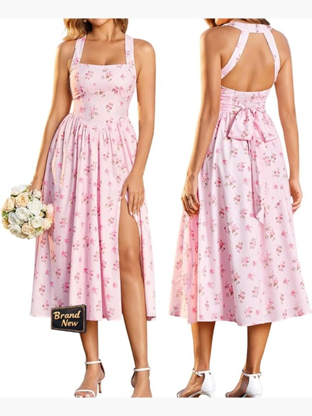 Halter Midi Corset Dress with Flowy Bow Tie Split for Summer Weddings